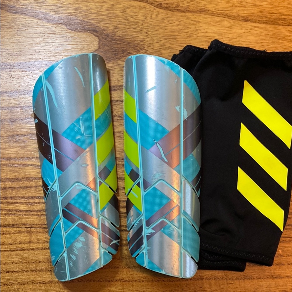 Adidas Kids Blue and Silver Shin Guards with sleeves